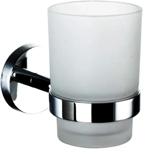 Vaso de vidrio para cepillo de dientes con soporte de acero inoxidable para montaje en pared cromado