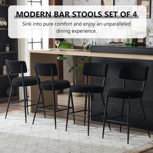 Vista 9 de NIOIIKIT Juego de 2 taburetes de bar modernos, cómodos taburetes de comedor tapizados de tela de peluche con patas de metal, taburetes altos
