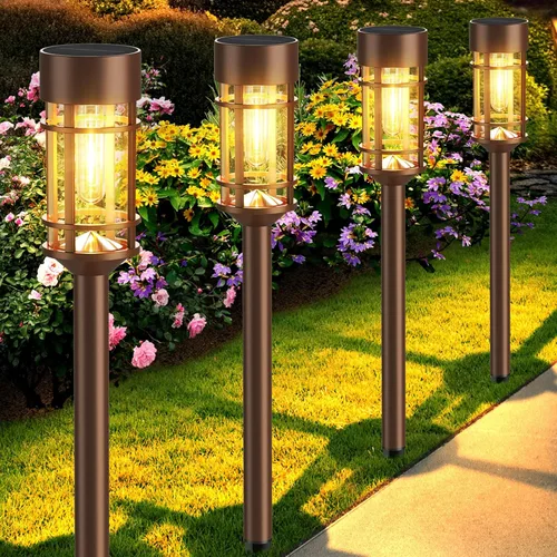 Vista 8 de Mancra Luces solares para caminos al aire libre, paquete de 8 luces solares de vidrio de metal para exteriores, impermeables, encendido/apagado