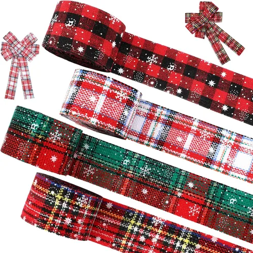 Vista 9 de WILLBOND - 4 rollos de cinta a cuadros de Navidad 24 yardas, cinta de copo de nieve, a cuadros rojo y verde, arpillera para decoración navideña