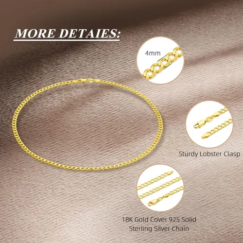 Vista 2 de 18K Gold Plated 4mm Sterling Silver Cuban Link Chain for Men, Solid 925 Sterling Silver Chain for Men Women, Diamond-Cut Chains for Men