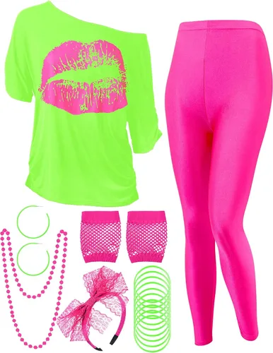 Blulu Conjunto de disfraz de los años 80 para mujer, camiseta con estampado de labios y hombros descubiertos, pantalones geométricos, aretes Verde