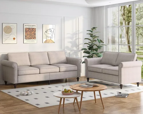 Vista 14 de Mjkone Juego de 2 Piezas para Sala de Estar, Sofás Seccionales, Juego de Sofá y Silla, Sofá Moderno de Lino con Marco de Madera y Patas