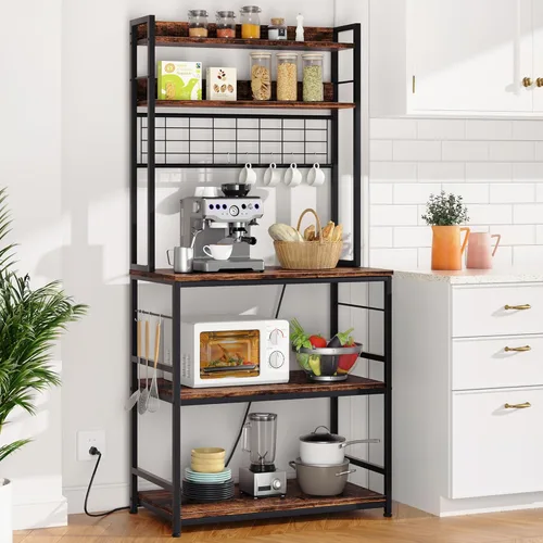 Vista 2 de Shintenchi Estante para panaderos con toma de corriente, gran espacio de almacenamiento, barra de café de 10 ganchos con panel de alambre de metal