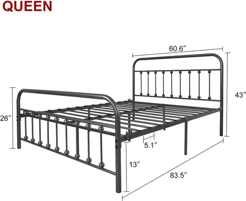 Vista 2 de TEMMER - Cama con estructura de tubos de metal de tamaño queen con cabecera, piecera y base de colchón de plataforma única, 8013 8033 8018.