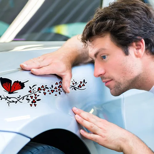 Vista 6 de OIIKI Calcomanías de automóvil de flores de mariposa para mujer, 2 juegos de calcomanías de vinilo para automóvil, fondo transparente, calcomanía