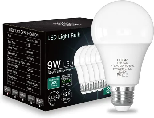 Vista 8 de Bombillas LED A19 E26, 60 W Eqv, 9 W, 2700 K, no regulables, paquete de 6 Blanco cálido