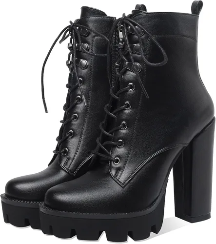 Vista 3 de Botines de plataforma para mujer, tacón grueso, suela de combate, botas de tacón alto con cordones