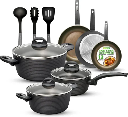 Vista 8 de NutriChef Juego de utensilios de cocina antiadherentes de 12 piezas, sin PFOA/PFOS, resistente al calor, ollas de cocina de laca color gris Azul