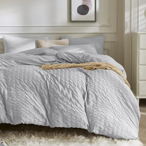 Vista 9 de JELLYMONI Funda de Edredón Color Caqui Tamaño King, Juego de Ropa de Cama de Microfibra Lavada de 3 Piezas, Juego de Funda de Edredón de Seersucker
