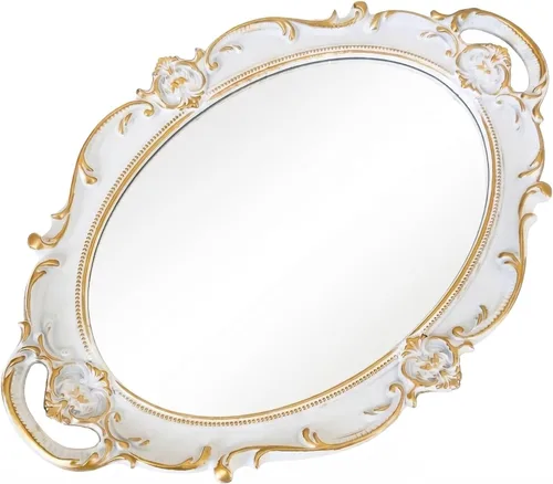 Schones Geschaft - Bandeja ovalada para espejo con borde dorado blanco de 14.6 x 9.8 pulgadas, multiusos, organizador de cosméticos, decoración de