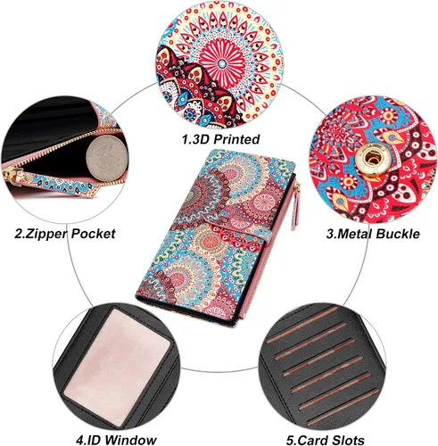 Vista 37 de Billeteras delgadas para mujer, tarjetero RFID plegable con bolsillo con cremallera, Mandala azul, Delgado