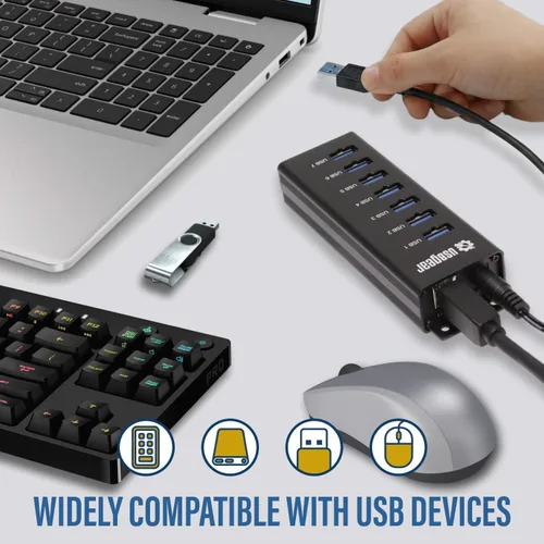 Vista 7 de USBGear Hub USB de 7 puertos 3.2 Gen 1 – Concentrador de datos supervelocidad montable con puertos USB para laptop, PC, escritorio y más, adaptador