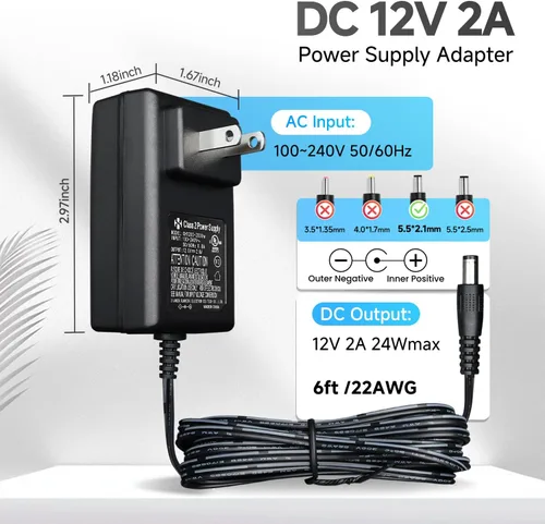 Vista 2 de Adaptador de corriente CA 100-240V a CC 12V 2A (2000mA) y cable divisor de alimentación de 4 vías para cámaras de seguridad CCTV/DVR/NVR/Tira
