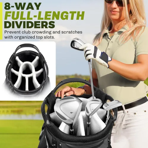 Vista 4 de Bolsa de golf de 8 vías, bolsa de golf ligera con doble correa y divisores de longitud completa, bolsa de transporte portátil para palos de golf