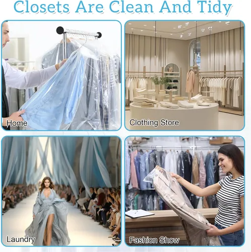 Vista 4 de Paquete de 100 bolsas de ropa para colgar ropa, bolsas de plástico para limpieza en seco, fundas de ropa transparentes para tintorería