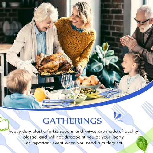 Vista 5 de Minatee Juego de 150 piezas de cubiertos desechables de plástico, cubiertos de plata resistentes, juego de utensilios 50 tenedores, 50 cuchillos, 50