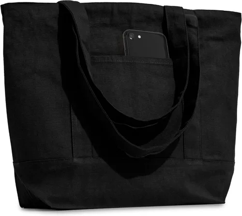 Carrywell Bolsas de Lona Negras Tipo Tote con Cremallera, No Fabricadas en China, 15"x 21", Algodón Orgánico de Servicio Pesado con Asas y Bolsillo
