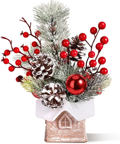 Vista 8 de Pequeño árbol de Navidad de mesa artificial, mini decoraciones de árbol de Navidad con adornos navideños, bayas rojas, piñas, vegetación para hogar