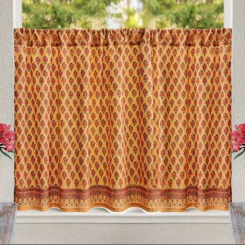 Vista 18 de Saffron Marigold - Cortinas de media cocina de algodón para ventanas pequeñas, baño y café, estampadas a mano con libélula y loto - Diseño moderno