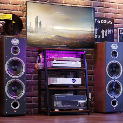 Vista 9 de Soporte de 4 niveles para componentes de AV con regleta de enchufes, soporte de gabinete de estéreo resistente con luces LED, soporte de madera