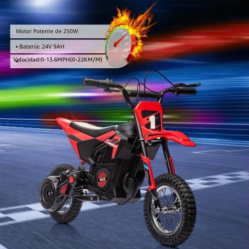 Vista 2 de Motocicleta eléctrica todoterreno de 24 V, motor de 250 W, motocross de velocidad rápida de 13.6 MPH, bicicleta de tierra de asiento de cuero
