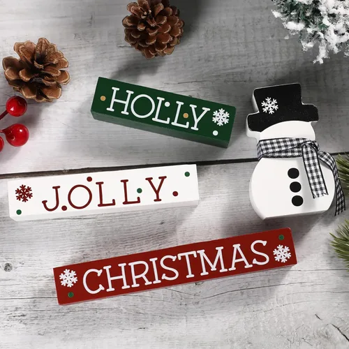 Vista 5 de Decoraciones de Navidad, 4 letreros de madera en bloques, clásicos, rojo, blanco, verde, adornos de Navidad para el hogar, estantes, repisas