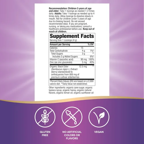 Vista 2 de Nature's Way Sambucus Pastillas de zinc con saúco y vitamina C, sabor miel y limón, 24 pastillas