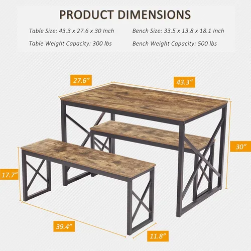 Vista 4 de VECELO Mesa de Cocina con 2 Bancos para 4, Juegos de Comedor de Madera de 43.3'' con Marco de Metal en X para Rincón de Desayuno y Espacio Pequeño
