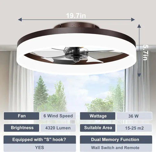 Vista 7 de VOLISUN Ventiladores de techo de perfil bajo con luces y control remoto, ventilador de techo enjaulado de 19.7 pulgadas, ventilador LED sin aspas