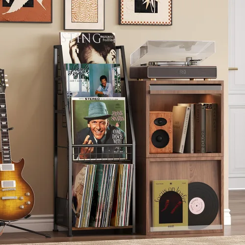 Vista 7 de Estante de Almacenamiento de Discos de Vinilo de 3 Niveles con Estante de Exhibición, Soporte de Discos de Alambre Resistente con Capacidad