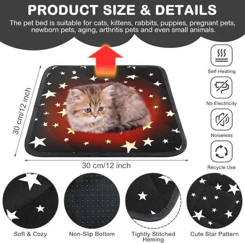Vista 3 de Cama autocalentable para gatos, tapete autocalentable para perros, patrón de estrella, tapete térmico cálido para mascotas que refleja el calor