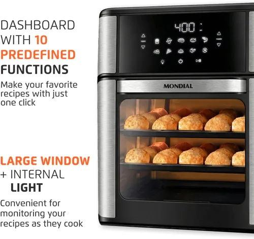 Vista 7 de Horno freidora de aire 1800W, capacidad de 12.7 cuartos de galón, panel de pantalla táctil, apagado automático - negro y acero inoxidable - Mondial
