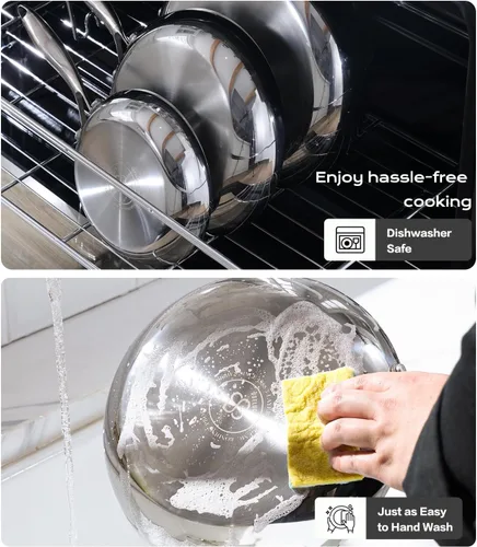 Vista 8 de Sartén de acero inoxidable de 8 pulgadas, base de triple capa, sartenes no tóxicas con tapa de acero inoxidable, calentamiento rápido y uniforme