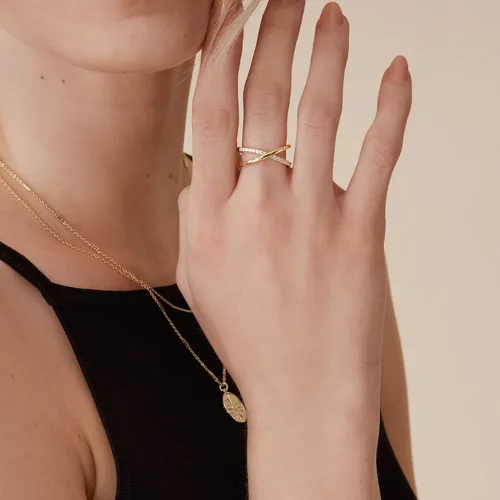 Vista 4 de PAVOI 14K Gold Plated X Ring Simulated Pavé Diamond CZ Criss Cross Ring for Women