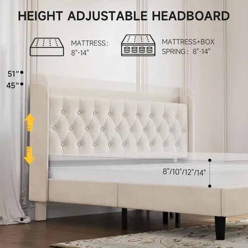 Vista 77 de koorlian Base de cama Queen con cabecero, base de cama tapizada ajustable con puertos tipo C y USB, cabecera de almacenamiento con respaldo de ala