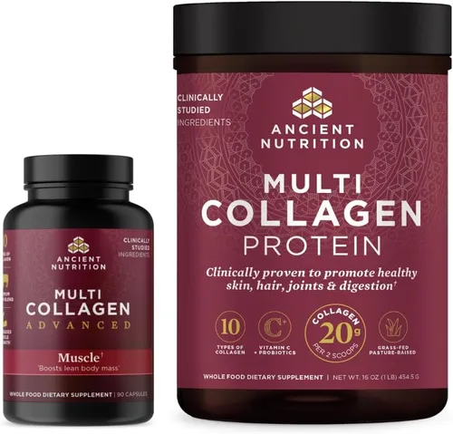 Ancient Nutrition Cápsulas avanzadas de colágeno múltiple, músculo, 90 unidades + polvo de proteína de colágeno múltiple, sin sabor, 45 porciones