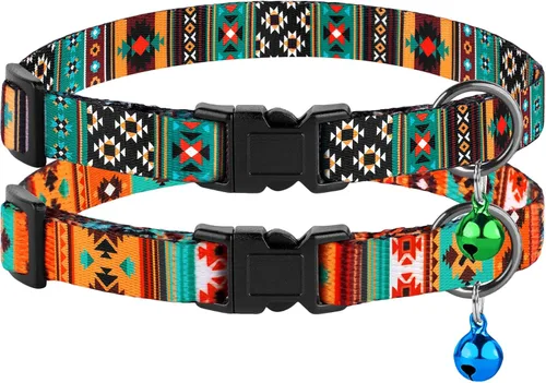 Vista 2 de Collar de gato Breakaway 2 piezas de patrón ajustable tribal azteca suroeste de seguridad collares para mascotas para gatos gatitos