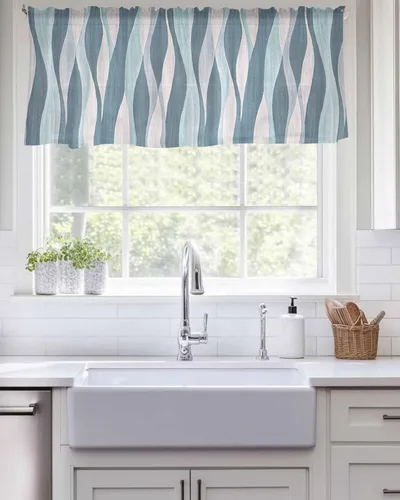 Vista 8 de Navy Blue White Waves Sheer Curtain Valances for Windows Kitchen Curtains Retro Abstract Gradient Art Chiffon Window Treatments Rod Pocket Short