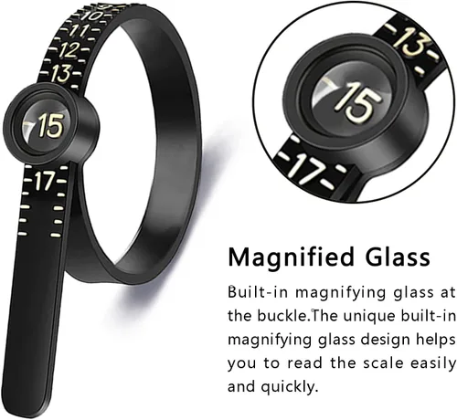 Vista 4 de Herramienta de medición de tamaño de anillo JRONGHE Cinta métrica reutilizable de tamaño de dedo con vidrio ampliado, herramienta