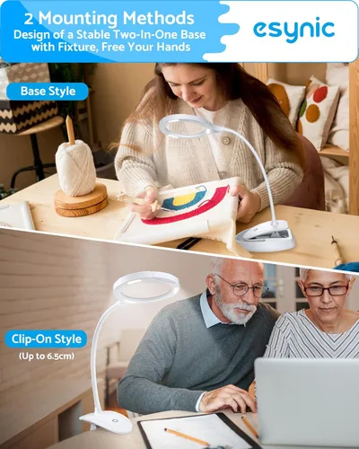 Vista 3 de eSynic Lupa iluminada con soporte, recargable USB-C, aumento de 5X y 10X, lente grande de 4.3 pulgadas, lámpara de lupa de escritorio con abrazadera