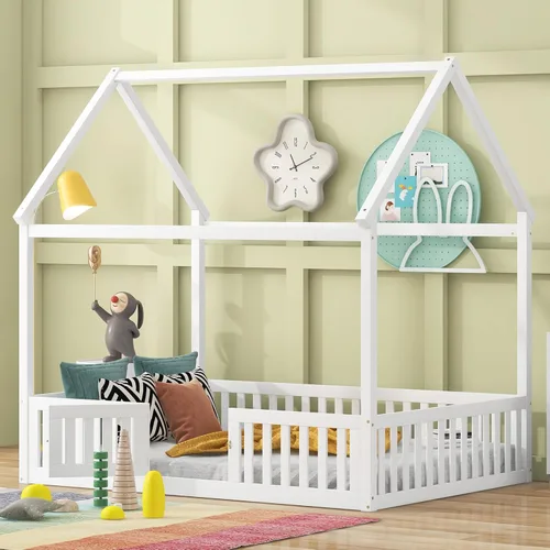 Vista 9 de Merax Cama de madera de tamaño individual con valla y puerta, marco de cama de madera con techo para adolescentes, niños o niñas, gris