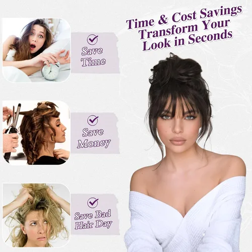 Vista 4 de BARSDAR 2 piezas de cabello de moño desordenado de color marrón oscuro + extensión de moño de cabello 100% humano