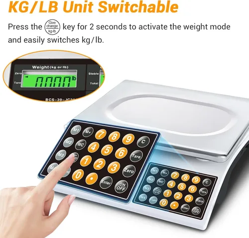 Vista 7 de Báscula de cálculo de precios, báscula digital de 66 libras para alimentos comerciales y productos de carne con retroiluminación verde LCD