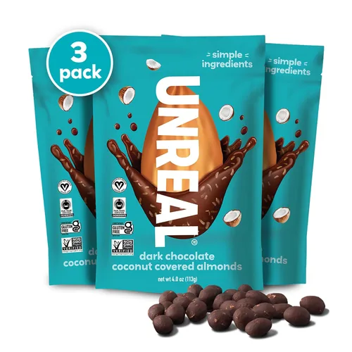 Vista 11 de UNREAL Almendras de chocolate negro - Certificado vegano, sin gluten, comercio justo, sin OMG, sin alcoholes de azúcar o soja (3 bolsas)