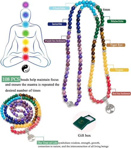 Vista 6 de Bivei Collar de cuentas de Mala, 108 pulseras largas con cuentas de perlas auténticas, cuentas de oración de Mala de loto y Buda, collar