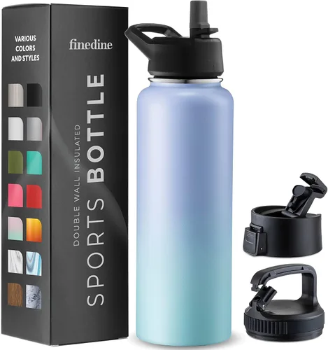 Vista 12 de FineDine Botellas de agua aisladas de triple pared con popote, botella de metal de acero inoxidable de 25 onzas con 3 tapas a prueba de fugas