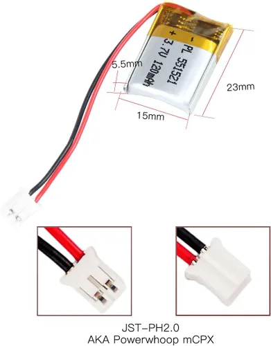 Vista 2 de Batería de 3.7V 120mAh 551521 Polímero de Litio Ion Recargable Li-ion Li-Po con Conector 2P PH 2.0mm Pitch