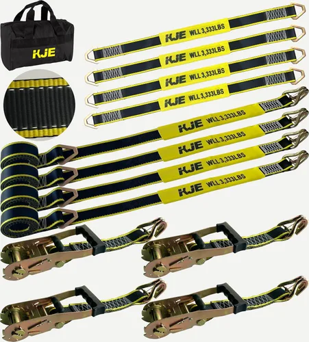 Vista 6 de KJE Correas de Amarre de Servicio Pesado para Remolque de Automóvil con Reflectantes - (4) Correas de Trinquete de 2" x 10' + Ganchos en J con Clip