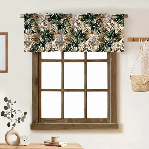 Vista 19 de Cortina de cenefa de hojas verdes tropicales, diseño de hojas de palmera, cenefa con bolsillo para barra, 1 panel, cortinas cortas para cocina